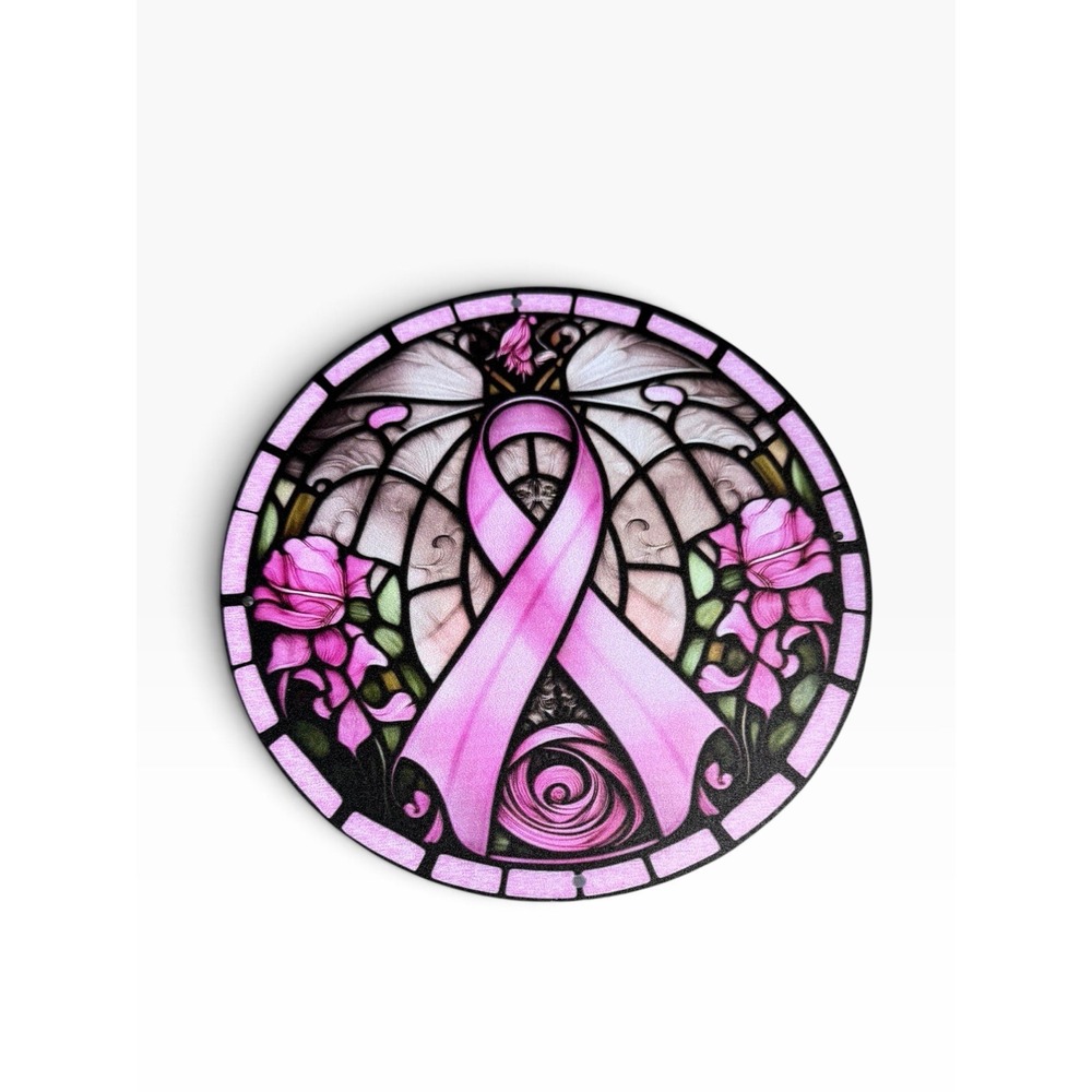New Novelty Collectible Metal Sign pink ribbon awareness roses stained glass